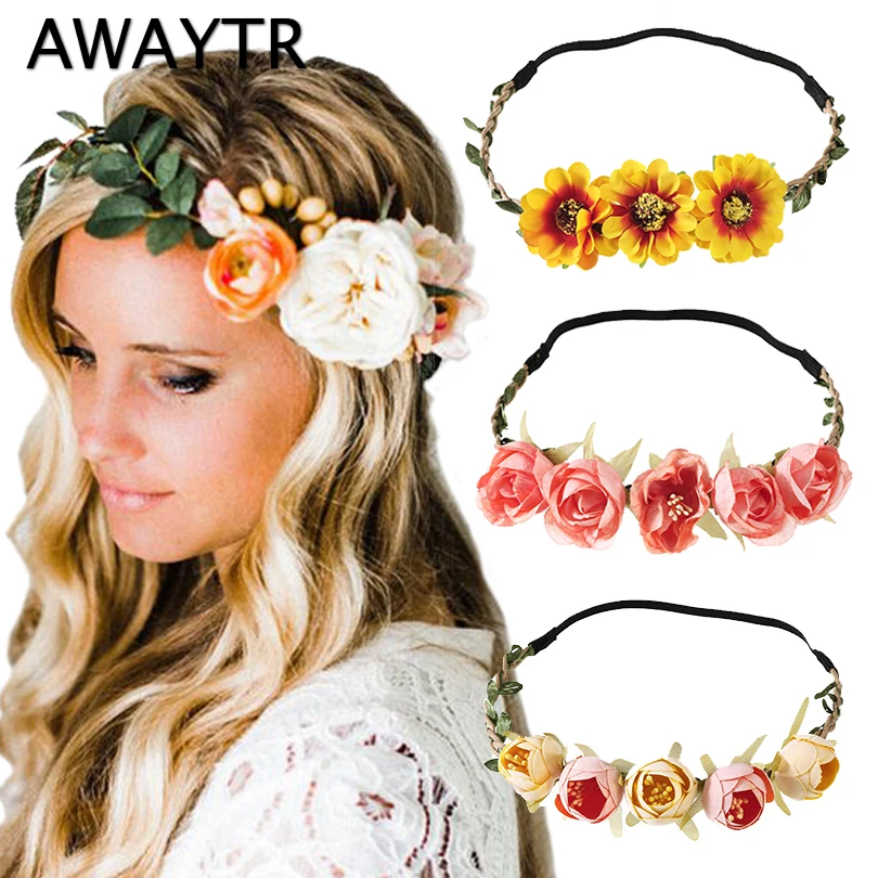 

AWAYTR романтическая повязка на голову, Тиары для девочек, цветочная гирлянда, корона принцессы, аксессуары для волос, венки, свадебная Цветочн...