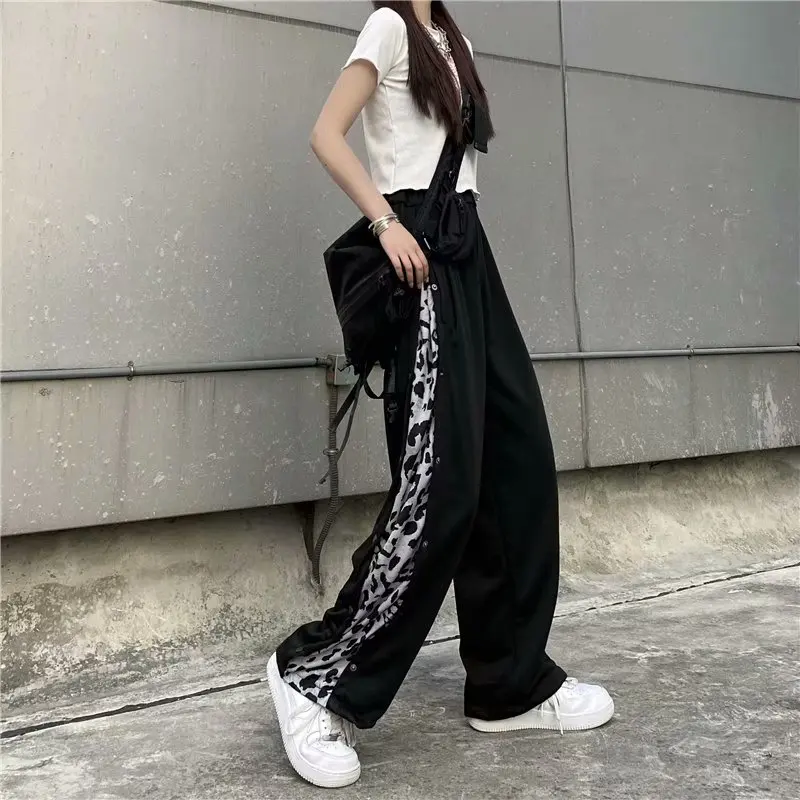 Leopard Print Denim Pants Mens Streetwear Contrast Paneled Baggy Jeans High Street Multi-Pocket Color Block Straight-leg Pants