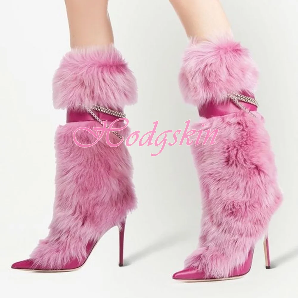 Sweet Pink Fur Boots Mid Calf Chain Buckles Strap Women Winter Shoes Solid Pointy Toe Stiletto Heels Sexy Boots Warm Banquet New