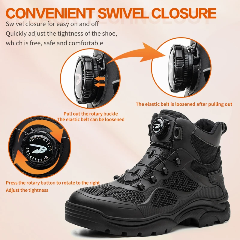 Фото Рабочие ботинки с вращающейся пряжкой, безопасная обувь со стальным носком, Мужская дышащая защитная обувь, брендовая неразрушаемая обувь, ... №2