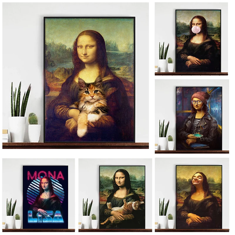 

Creative Painting Mona Lisa Hug Cat Funny Posters Prints Wall Art Canvas Painting Print For Living Room Home Decoration Pictures
