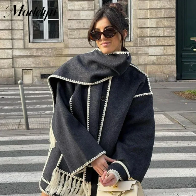 

2023 Winter Faux Woolen Women Coats Scarf Elegant Loose Patchwork Pocket Tassel Scarf Single Breasted Female Jackets Streetwear