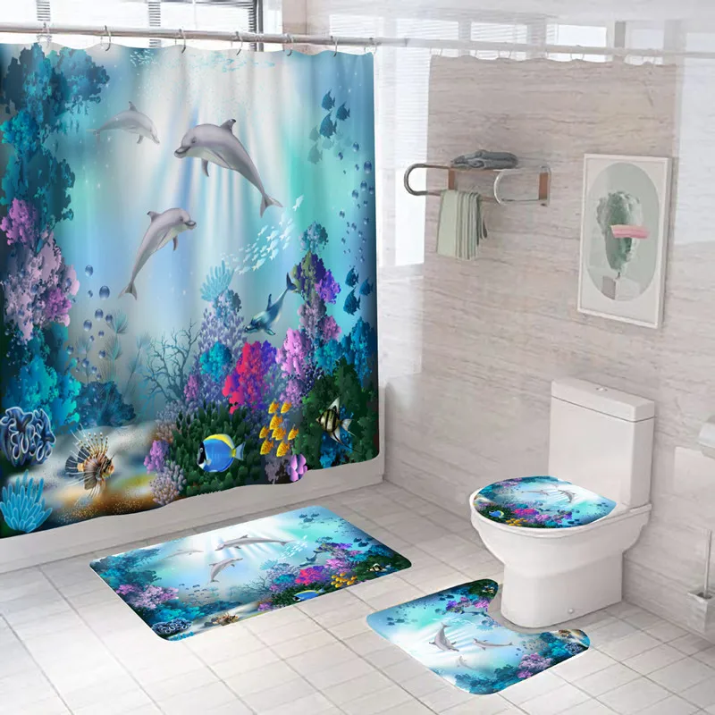 3D Print Fish Bath Curtain Dolphin Mat Set Marine Life Toilet Rugs Flower Carpet Waterproof Anti-slip Shower Curtains |