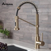 golden brass commercial kitchen faucet spring pull out design single handle single hole cold and hot double control sink faucet