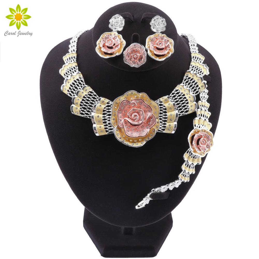 

Luxury Nigerian Women's Wedding Jewelry Set Flower Necklace Earrings Bracelet Ring Bride Dubai African Bead Jewelry Sets
