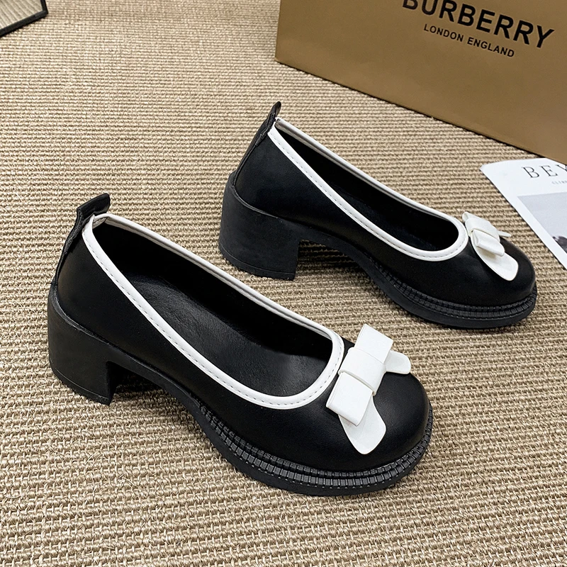Sweet Bow High Heels Women Autumn Fashion Elegant Mary Jane Shoes Outdoor Walking Lady Loafers Party Pumps Zapatos Vestir Mujer