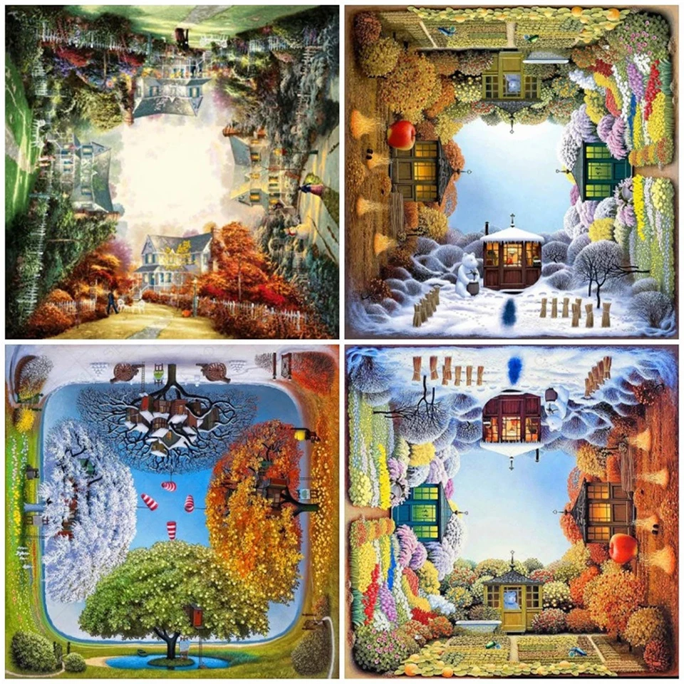 Kit de pintura con diamantes 5D Diy, bordado de paisaje de cuatro estaciones, paisaje de árbol, mosaico de costura, arte de pared, decoración del hogar