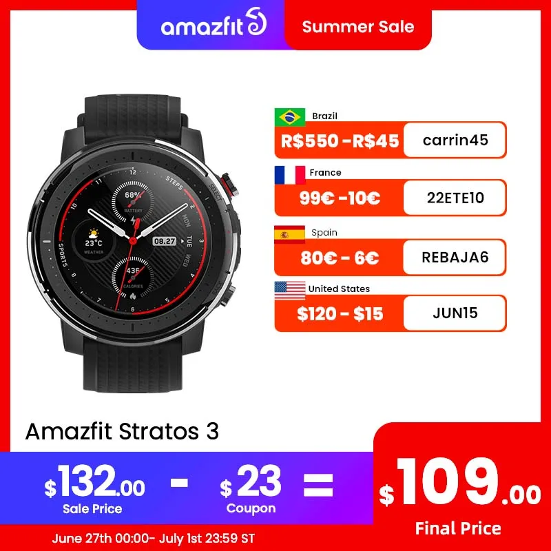  Смарт-часы Amazfit Stratos 3, 5ATM, GPS, пульсометр, двухъядерный Внутренний накопитель, для Android, IOS, мужские часы 
