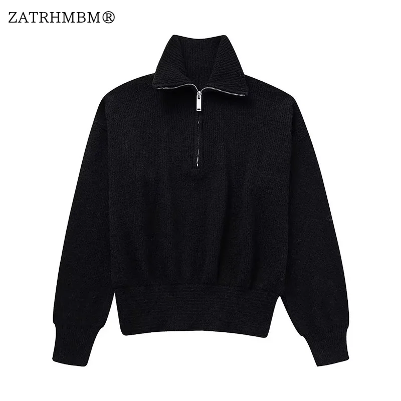 

ZATRHMBM Women 2023 Autumn New Fashion Zipper Trim Knitted Sweater Vintage O-Neck Long Sleeves Black Female Pullover Chic Top
