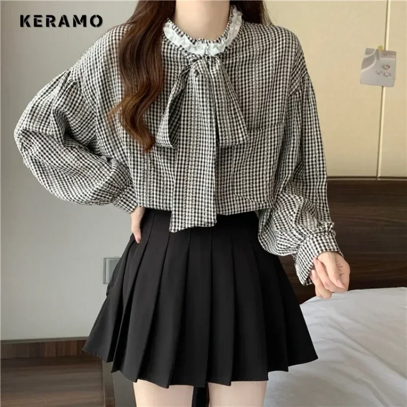 Женская винтажная клетчатая рубашка однобортная Свободная Повседневная Блузка