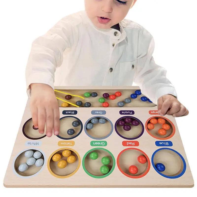 

Montessori Wooden Toys Color Sorting Ball Game Counting Matching Game Bead Clip Teaching Aid Toy Colorful Early Educational