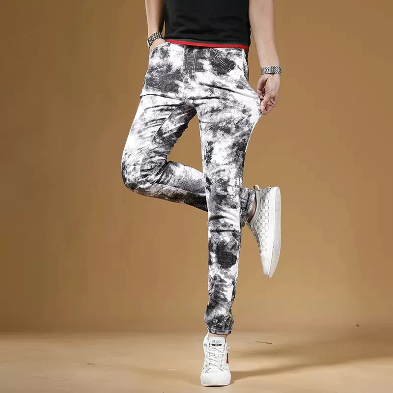 Autumn Men Fashion Printed White Jeans Streetwear Casual Slim Fit Straight Pants Korean Style Digital Printing Denim Trousers