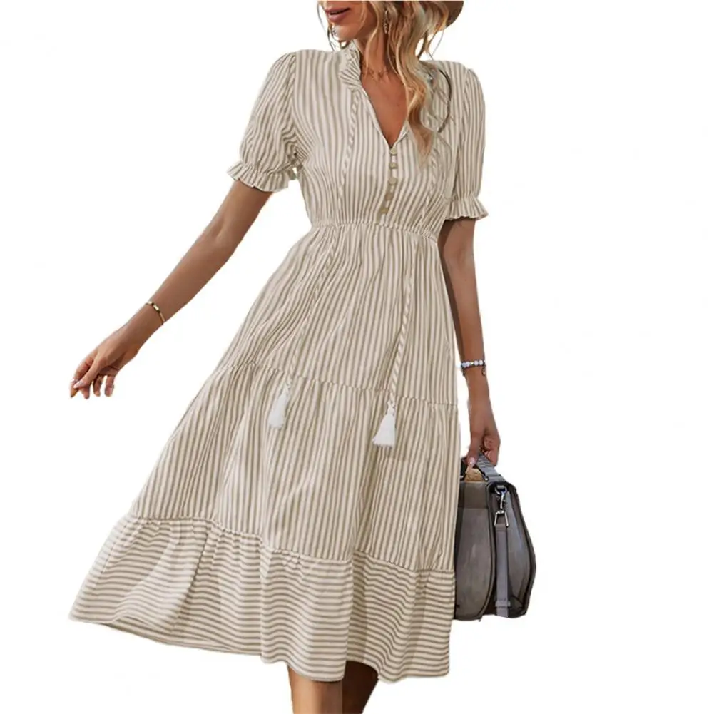 

Women Dress Striped Ruffles Summer Elegant Slim-fitting Dress for Daily Wear