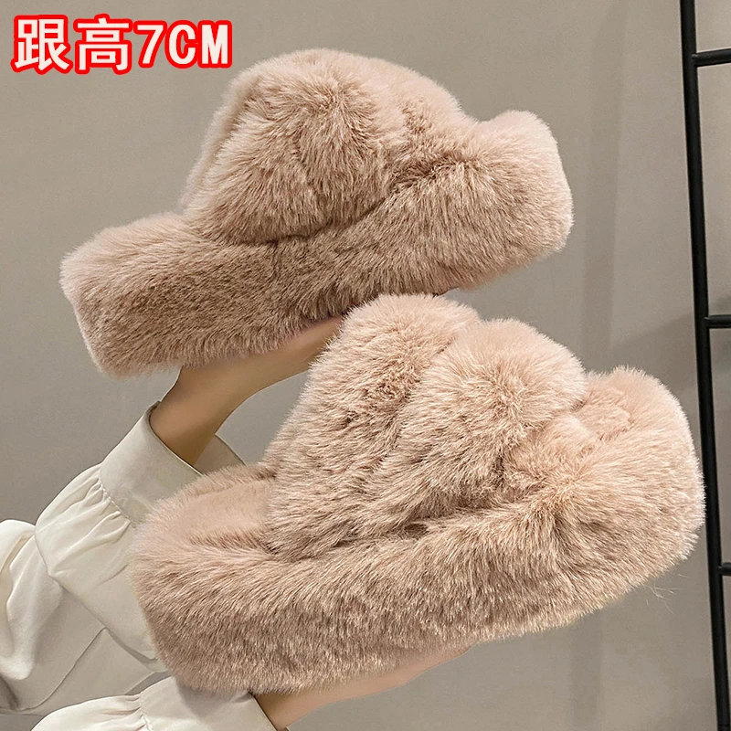 

Fashion 7cm High Heel Fur Platform Women Furry Slippers 2023 Indoor Home Cotton Autumn Winter Female Warm Fuzzy Shoes Flats