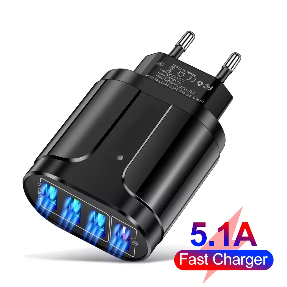 

USB 45W USB Charger Fast Charge QC 3.0 Wall Charging 12 11 Mobile 4 Ports EU US Plug Adapter Travel