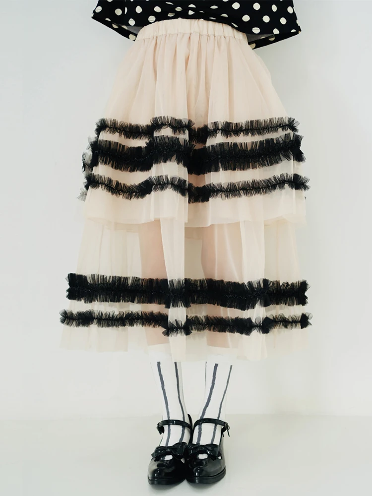 

imakokoni2022 original lace mid-length apricot mesh mid-length A-line skirt summer pleated skirt womens clothing mesh skirt