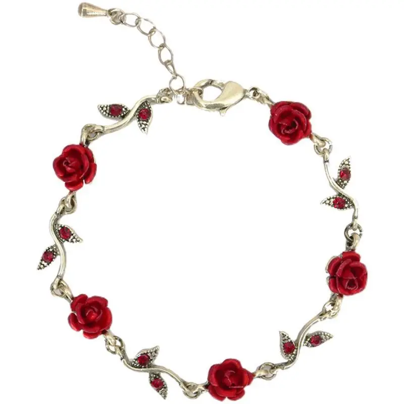 

Red Rose Pendant Bracelet Vintage Necklaces Clavicle Chain Wedding Engagement Jewelry Valentine Gift For Lover Women Hand Chain