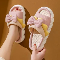 woman slippers female autumn winter princess bow thick bottom indoor non slip home four seasons cotton and linen lovely