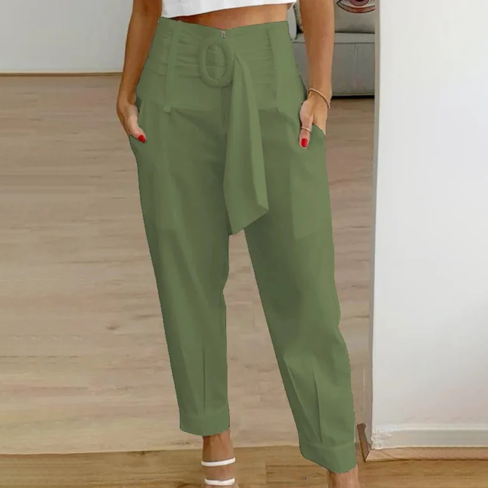 Women Fashion High Waist Lace-up Pencil Pants Casual Pockets Solid Straights Long Trousers Elegant Zipper Loose Sports Trousers