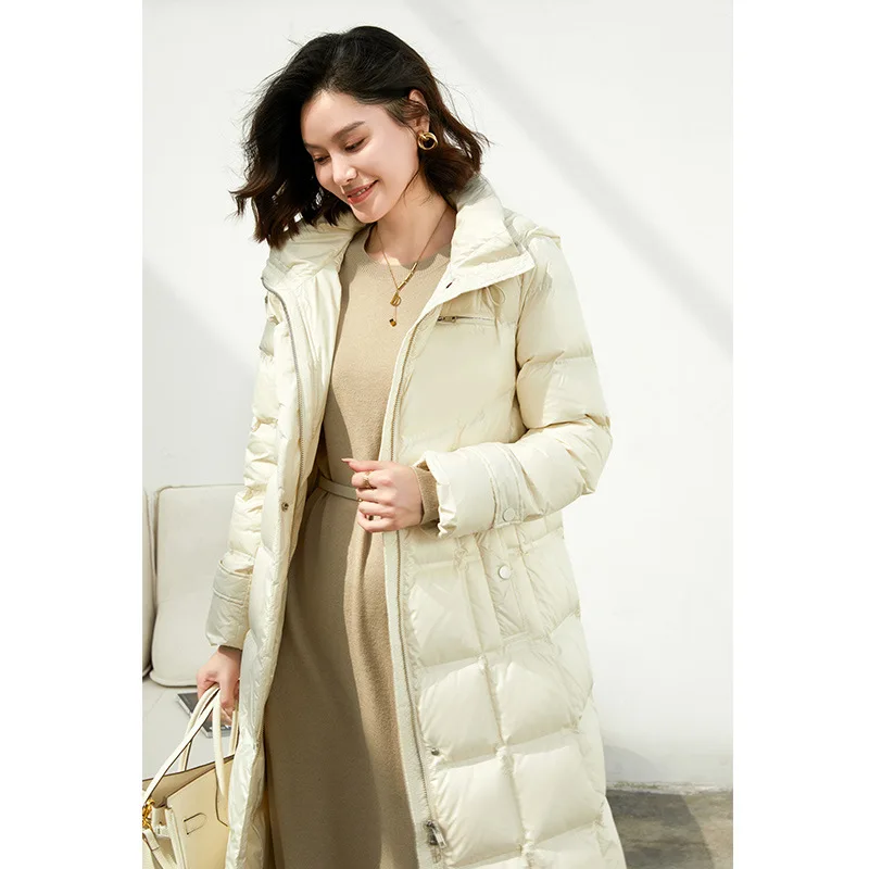 White Duck Down Medium Length Women Down Jacket 25D High-density Drill Proof Hooded Winter Jacket
