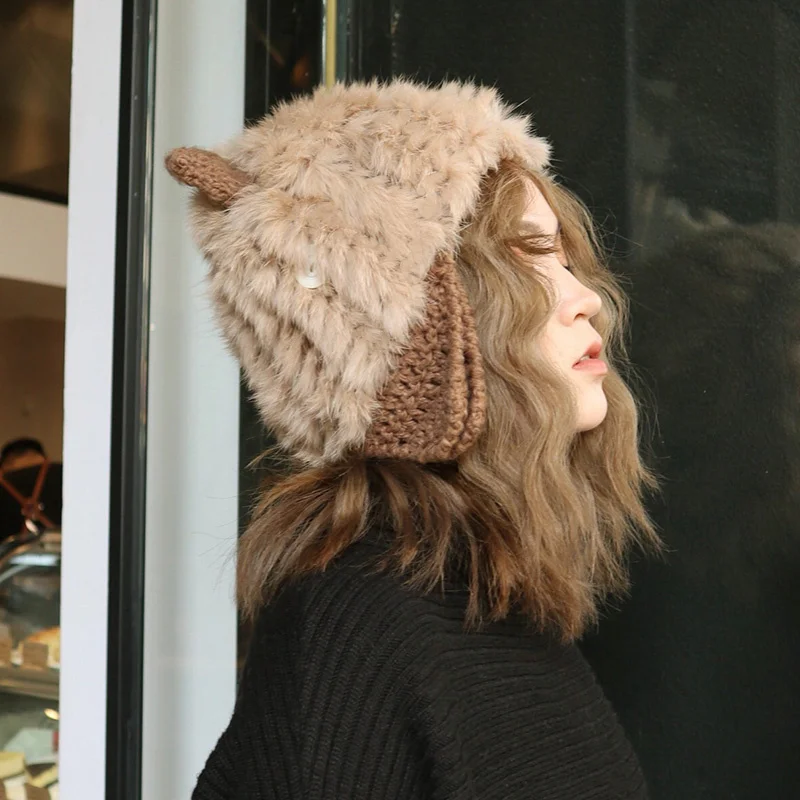 Winter Sweet Fur Straw Hat Women's Rabbit Hair Knitted Cute Cat Ear Hat Chunky Outdoor Warm Fur Lei Feng Hat