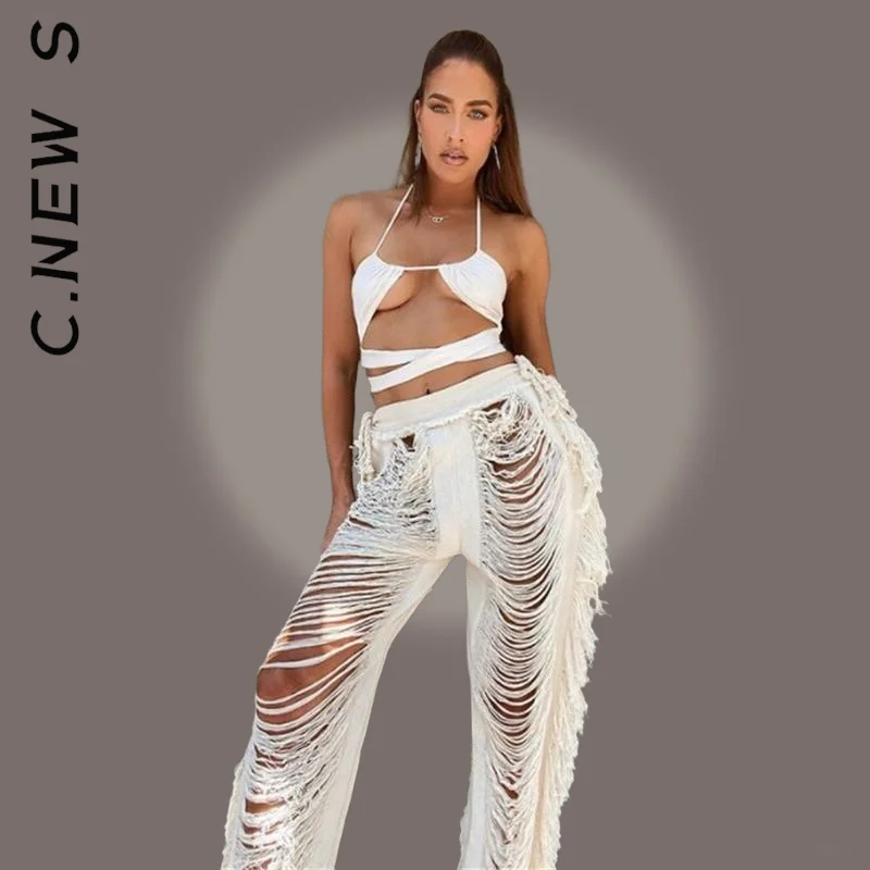 

C.New S Fashion Pants Women Trousers Vintage Y2k Solid Knitted Hipster Tassel Trousers Women Elastic High Waist Mujer Female