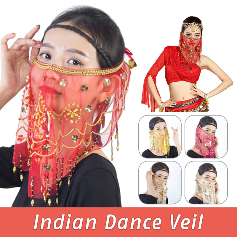 Indian Belly Dancer Veil Accessories Chiffon Halloween Face Dress Up Beautiful with Sequins Dancing Sequin Fringe Accessories