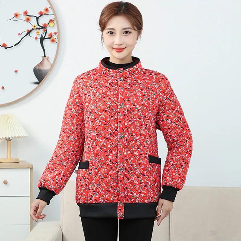 Printing Stand Collar Women Winter Jacket Cotton Padded Middle Aged Elderly Mother Coat Slim Floral Warm Parkas Female 5XL