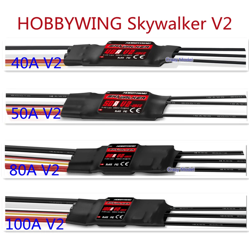 

Hobbywing NEW Skywalker V2 40A V2 50A V2 3-4S / 80A V2 100A V2 3-6S LiPo 5V UBEC ESC 96MHz 32-bit ARMMO For RC Airplane