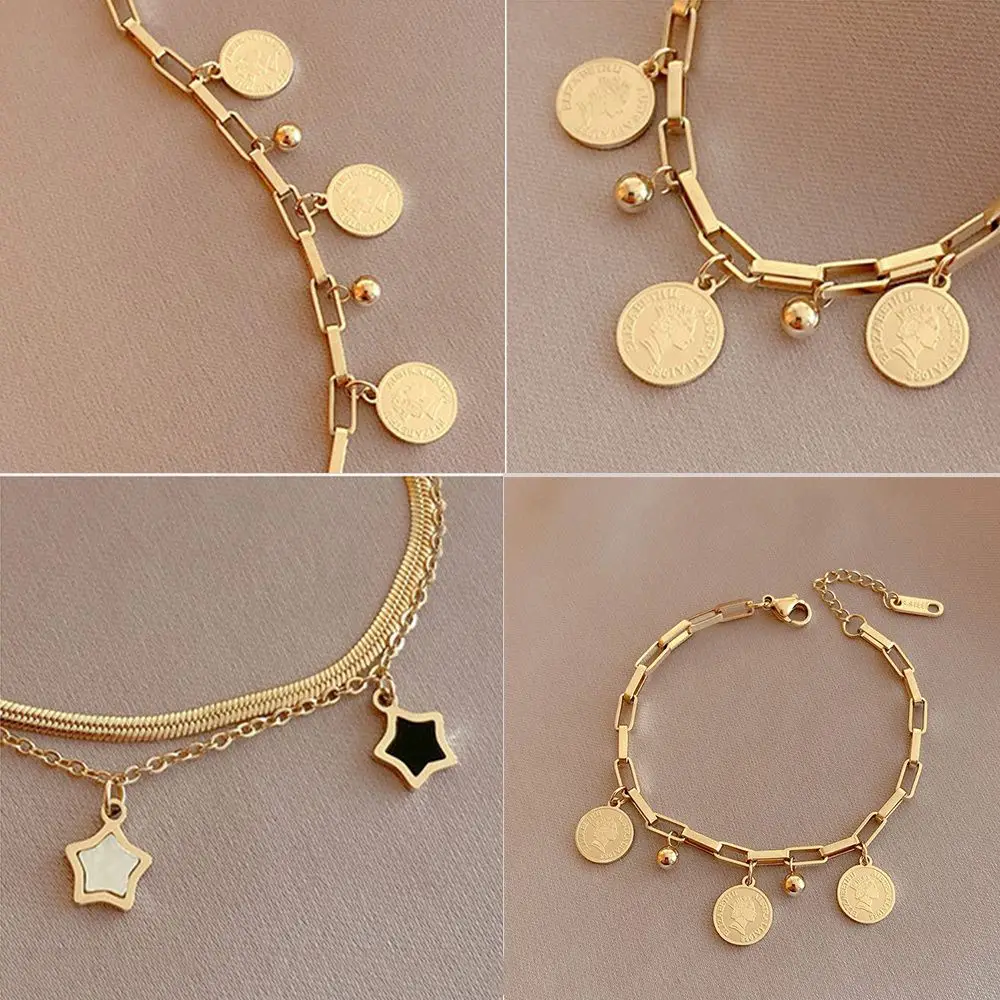 

Retro Women Layered Golden Pendant Bracelet Gothic Portrait Coin Cross Pearl Bracelet