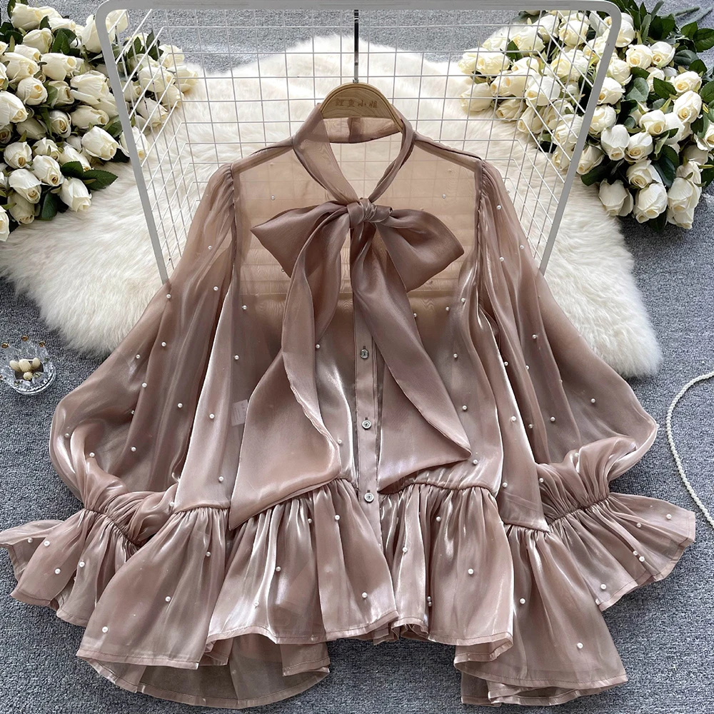 

2023 New Autumn Beaded Organza Blouse Women's Chic Flared Long Sleeve French Single Breasted Tie Bow Loose Shirt Top