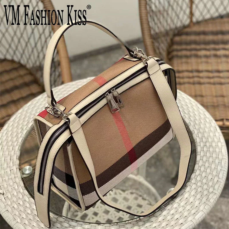 

VM FASHION KISS Cowhide+Canvas Women Hand Bag Woman Retro Striped Shoulder Bag NO LOGO Luxury 2022 Trend Check Zipper Tote Bags