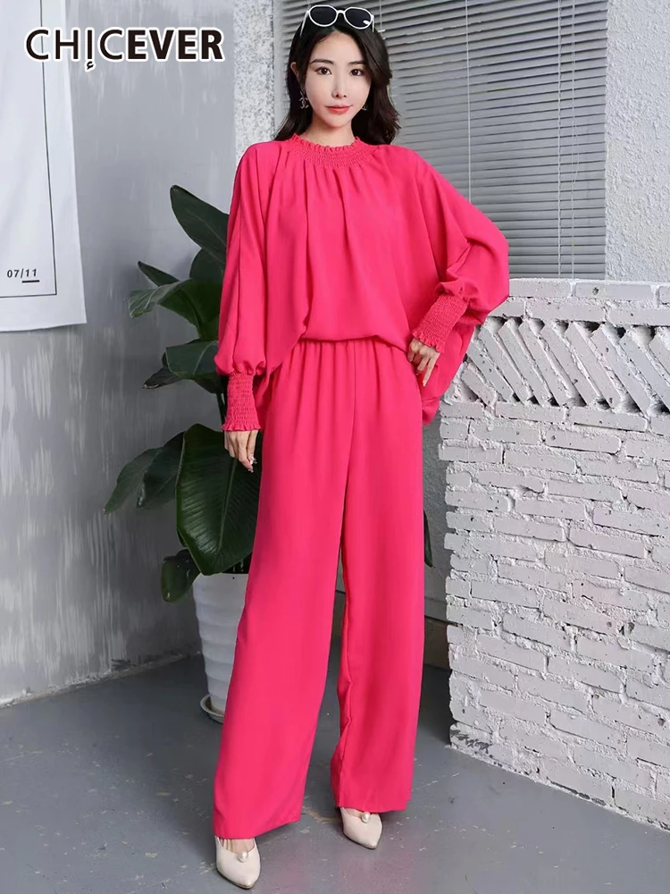 

CHICEVER Solid Two Piece Sets For Women Round Neck Long Sleeve Tops High Waist Folds Pants Casual Set Female Autumn Clothes New