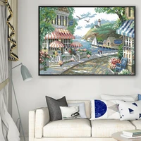 the seaside cafe diy printed cross stitch kits 14ct egyptian cotton thread home decor painting living room study bedroom 44x33cm