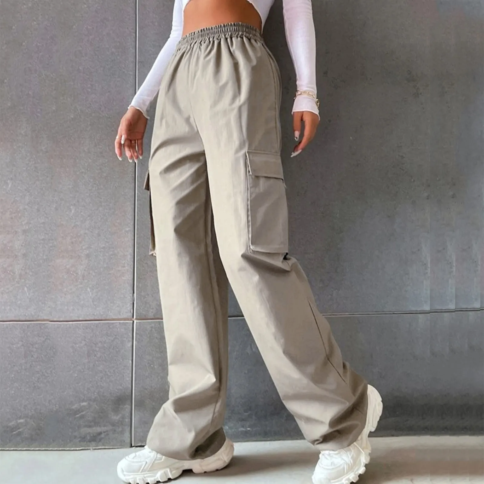 Women's Belt Less High Waisted Wide Leg Trousers Straight Leg Relaxed Style Trousers Casual Womens Work Pants Business Casual