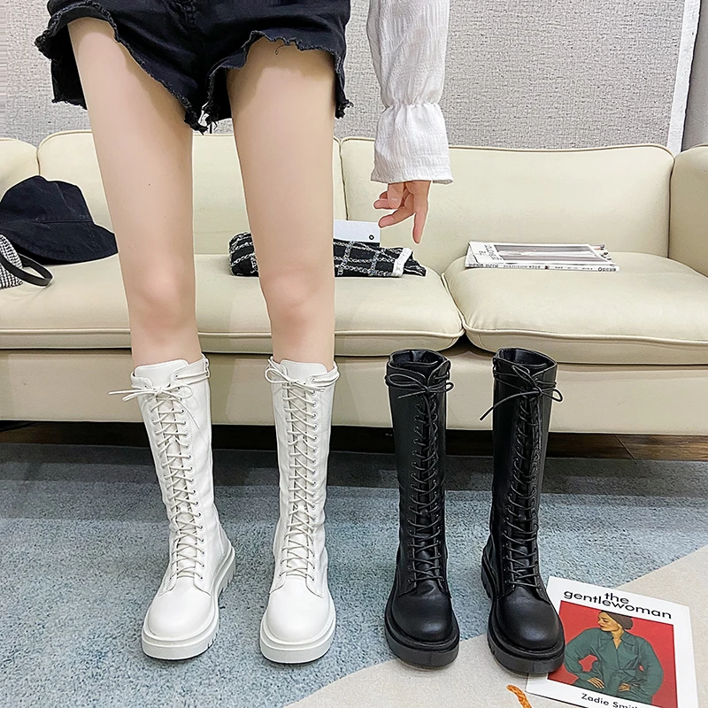 2022 new winter knight boots lace-up side zipper knee-length long tube flat bottom thick bottom black white large size 43