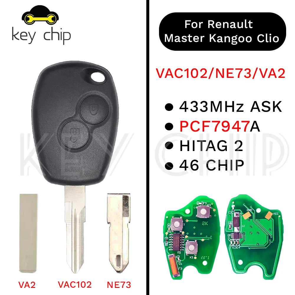 Фото PCF7947 4A чип 2 кнопки для Renault Wind Clio Modus 2012-2019 433 МГц PCF7961 2B/3B брелок 28268-00Q1C №1