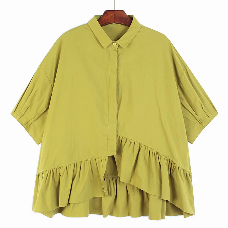

SuperAen Turn Down Collar Short Sleeve Casual Solid Shirt 2022 Summer Flounce Hem Fashion Womens Tops