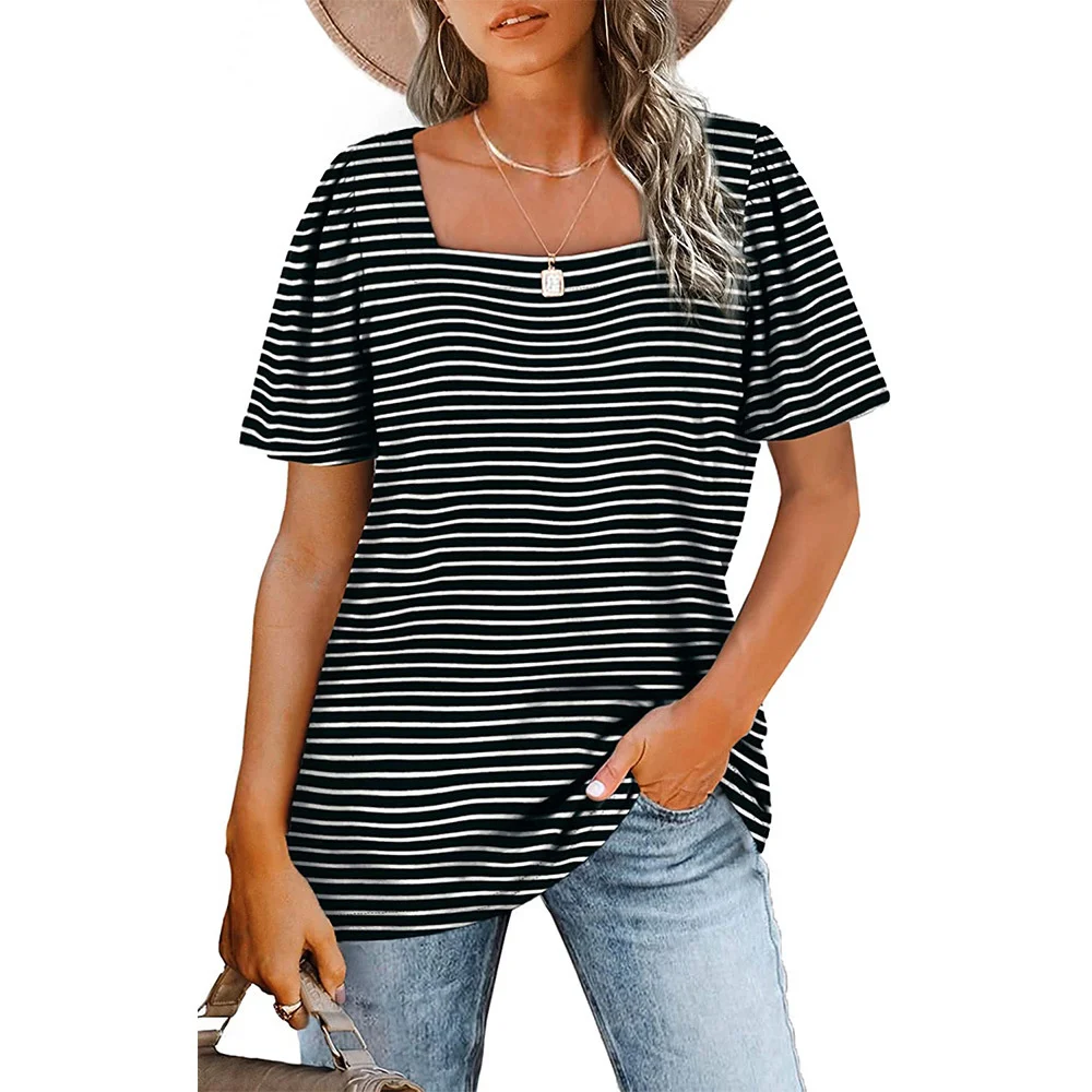 Купи 2022 Summer Women Shirring Striped Print Square Neck Short Sleeve T-Shirt Ladies New Casual Loose Elegant Street Pullover Tops за 500 рублей в магазине AliExpress