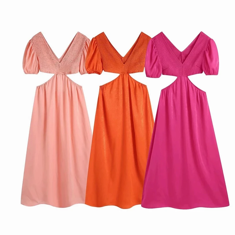 

Sexy Dress Women Summer 2022 New Clothing Hollow Out Waist Shirred Bust V-neck Fit and Flare Mid-Calf Feminino Vestido