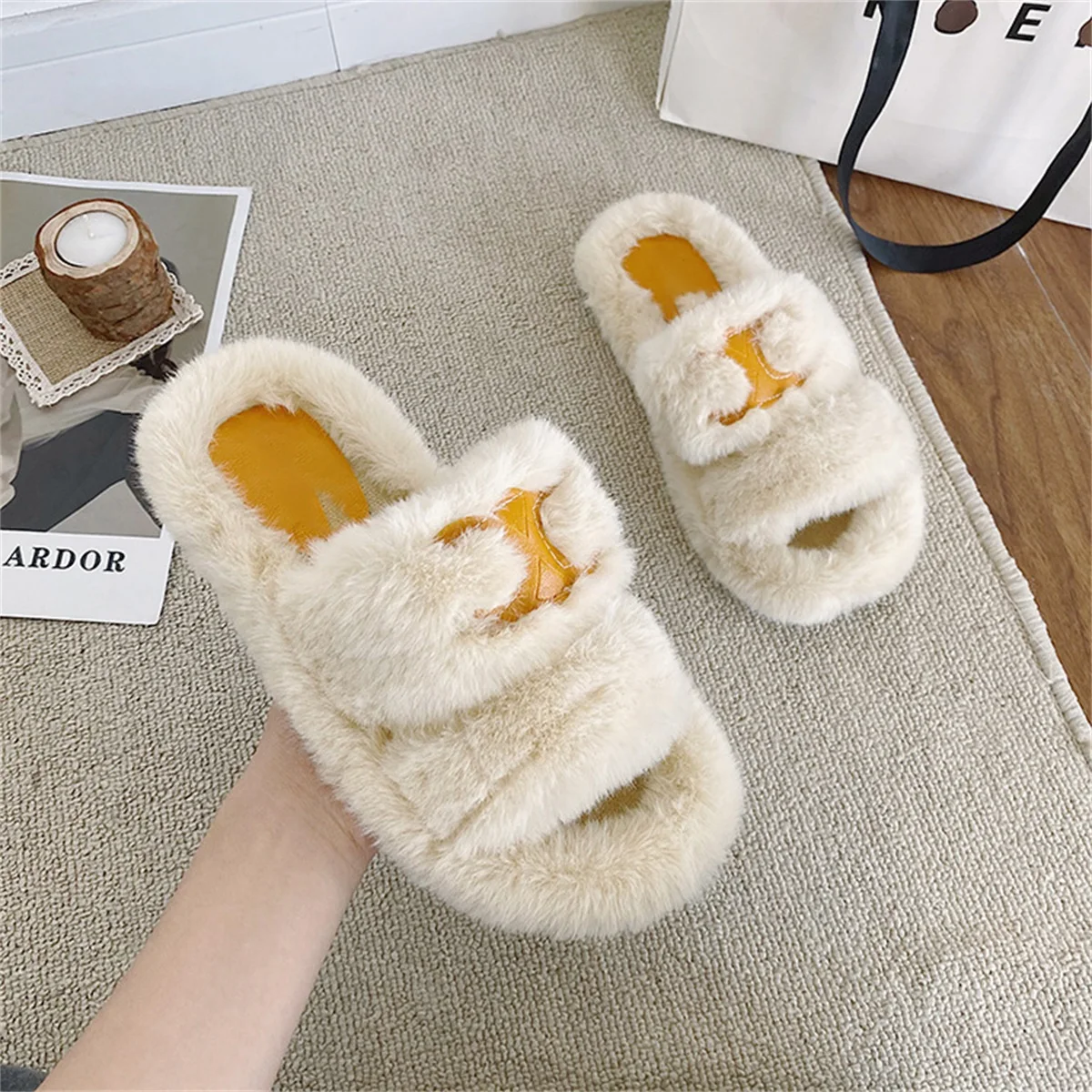 New Spring Autumn Fashion Women's Slippers Flat-Bottomed All-Match Fur Drag Open Toe Women Shoes