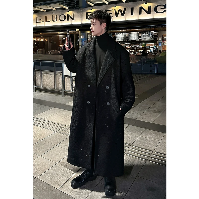 Shiny thick trench coat chic sequin autumn winter men's warm woolen casual double breasted long overknee