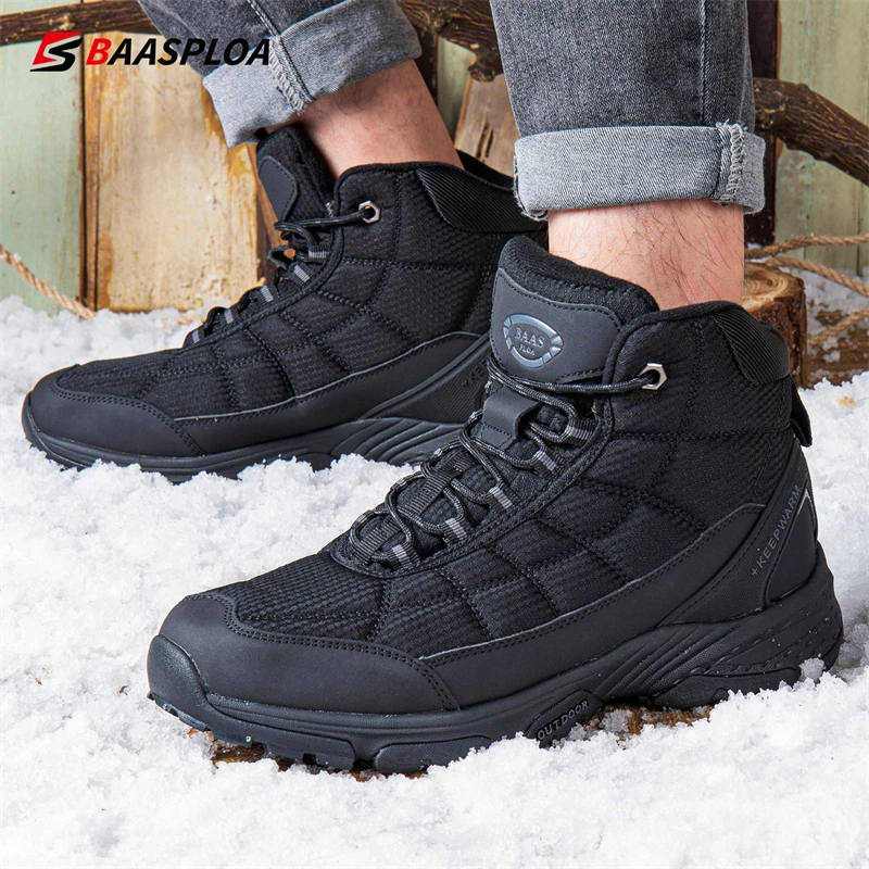 Men's Leather Fabric Shoes Waterproof Outdoor Travel Hiking Warm Winter Sneakers Casual Boot Baasploa 2021 New Arrival