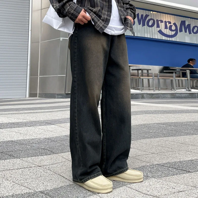 Мужские джинсы с прямыми штанинами модные и изношенные свободные мужские брюки