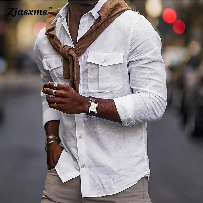 

Винтажная Мужская однотонная офисная блузка, новинка, осенняя мужская рубашка с длинным рукавом и отложным воротником, Мужская однобортная Повседневная рубашка с карманами