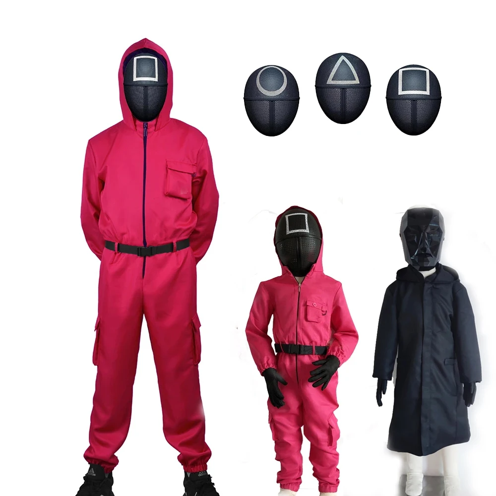 

Squid Game Costume Cosplay Adult Kids Jumpsuit Logo Face Square Circle Triangle Plastic Face Full Set Halloween Party Costume