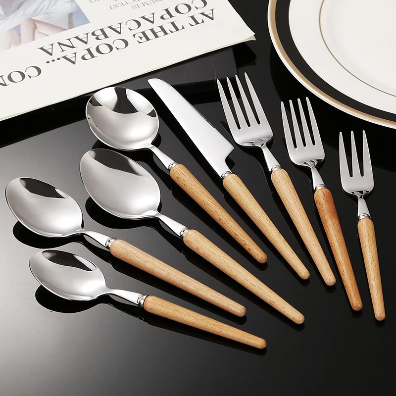 

Stainless Steel Cutlery Set Creative Wooden Handle Knife Fork Round Spoon Teaspoon Dinnerware Set Utensils for Kitchen