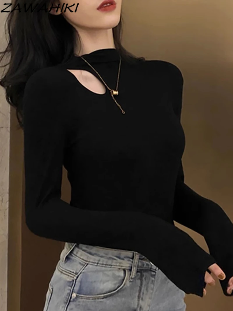 

Однотонная облегающая Осенняя модная футболка с ложным воротником, Женская хлопковая футболка с длинным рукавом, минималистичные универсальные характерные футболки