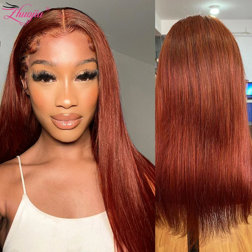 

33# Auburn Brown Human Hair Wig 30 Inch Bone Straight Copper Red Lace Closure Wig 250 Density Straight Human Hair Wigs For Women
