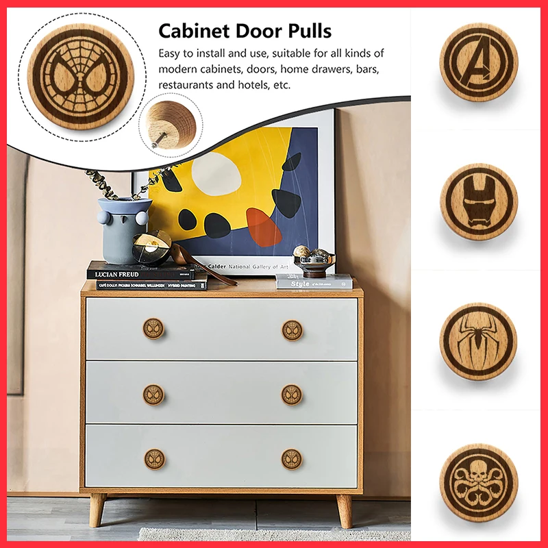 

Marvel Wooden Engraved The Avengers Drawer Knob Cabinet Pulls Nature Wood Coat Bag Wall Hangings Hooks Decor Furniture Handle